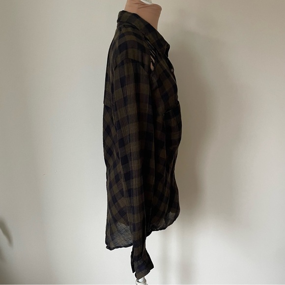 Free People Navy Combo Lace Up Plaid Button Down Long Sleeve Shirt EUC Size S - Picture 8 of 12